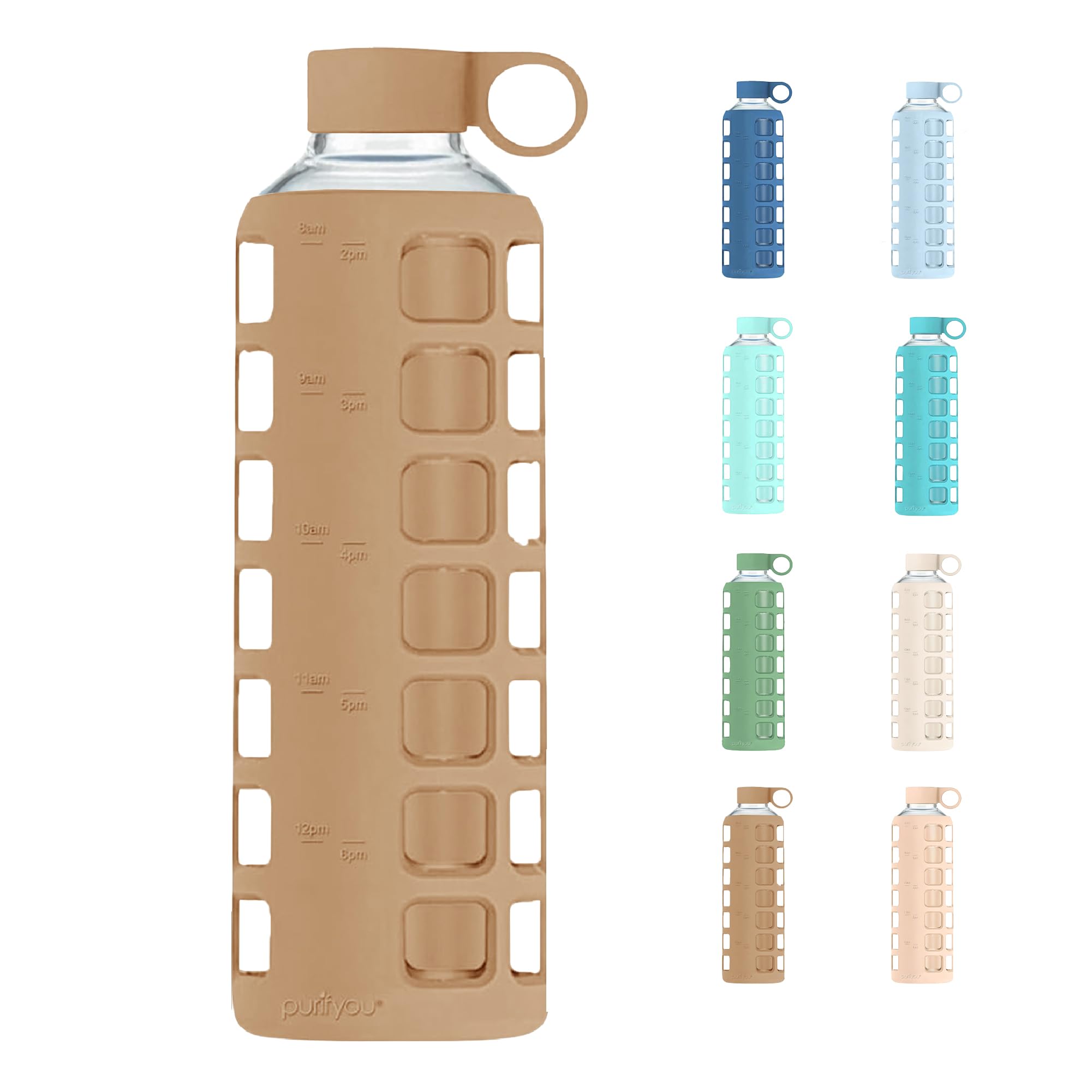 purifyou 40oz / 32oz / 22oz / 12oz Borosilicate Glass Water Bottle with Time & Volume Markers, Silicone Sleeve, Stainless Steel Lid | Reusable Glass Bottle for Water & Juice (32oz Jet Black)