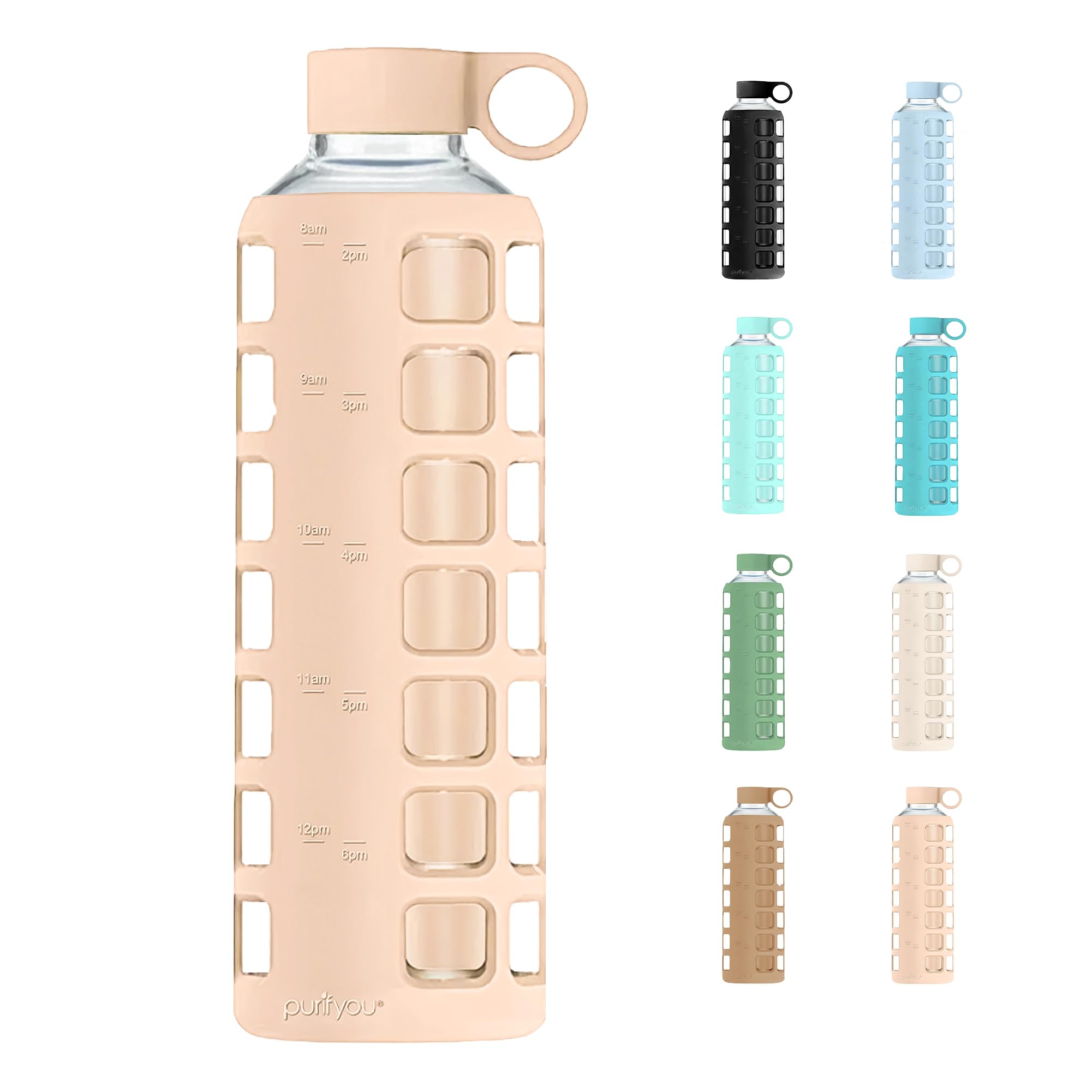 purifyou 40oz / 32oz / 22oz / 12oz Borosilicate Glass Water Bottle with Time & Volume Markers, Silicone Sleeve, Stainless Steel Lid | Reusable Glass Bottle for Water & Juice (32oz Jet Black)