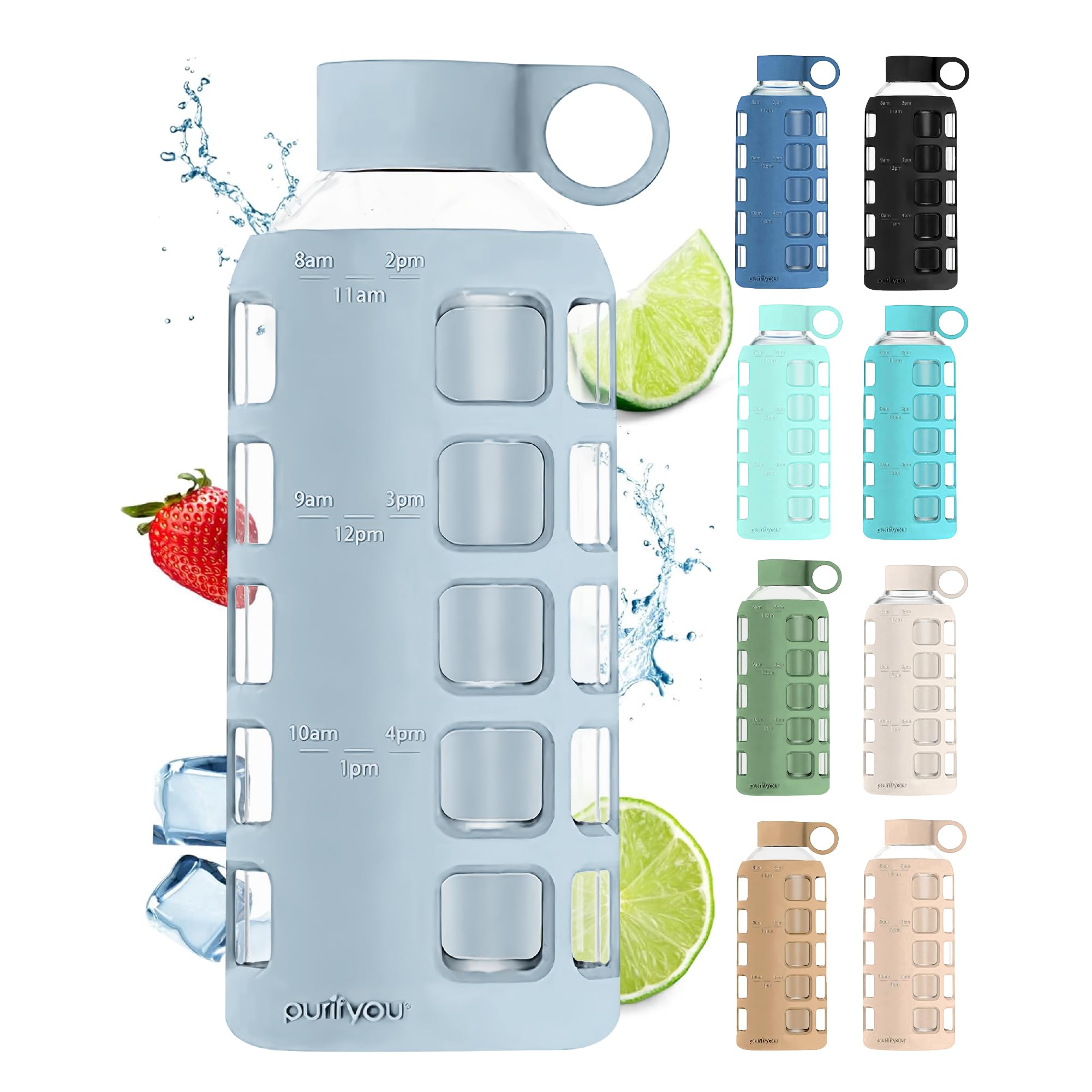 purifyou 40oz / 32oz / 22oz / 12oz Borosilicate Glass Water Bottle with Time & Volume Markers, Silicone Sleeve, Stainless Steel Lid | Reusable Glass Bottle for Water & Juice (32oz Jet Black)