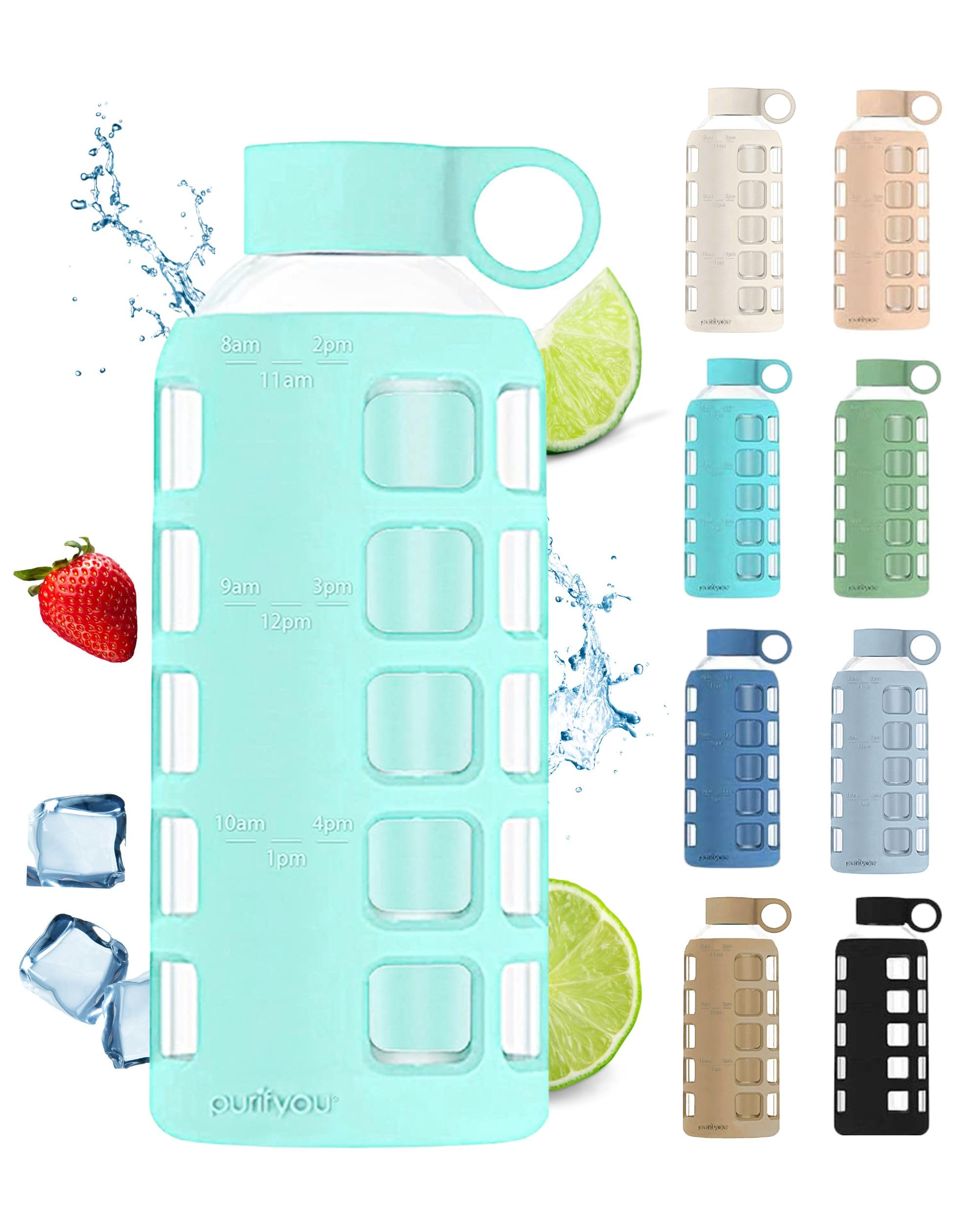 purifyou 40oz / 32oz / 22oz / 12oz Borosilicate Glass Water Bottle with Time & Volume Markers, Silicone Sleeve, Stainless Steel Lid | Reusable Glass Bottle for Water & Juice (32oz Jet Black)