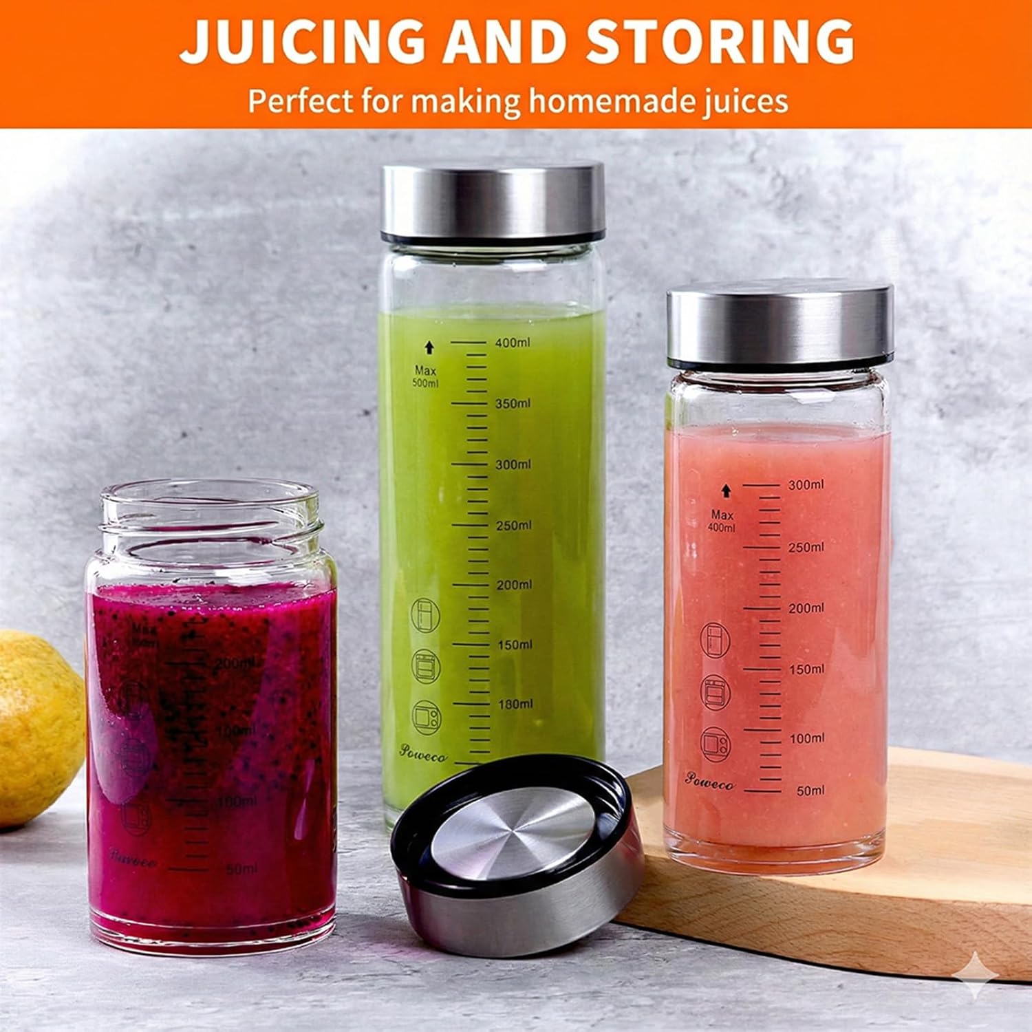 Glass Juice Bottles 4 Pack 20 oz - Wide Mouth Glass Water Bottles with Lids - for Juicing, Protein, Smoothie, Milk, Reusable, BPA Free, Stainless Steel Lids, Blender, Shaker Bottle (600ml)