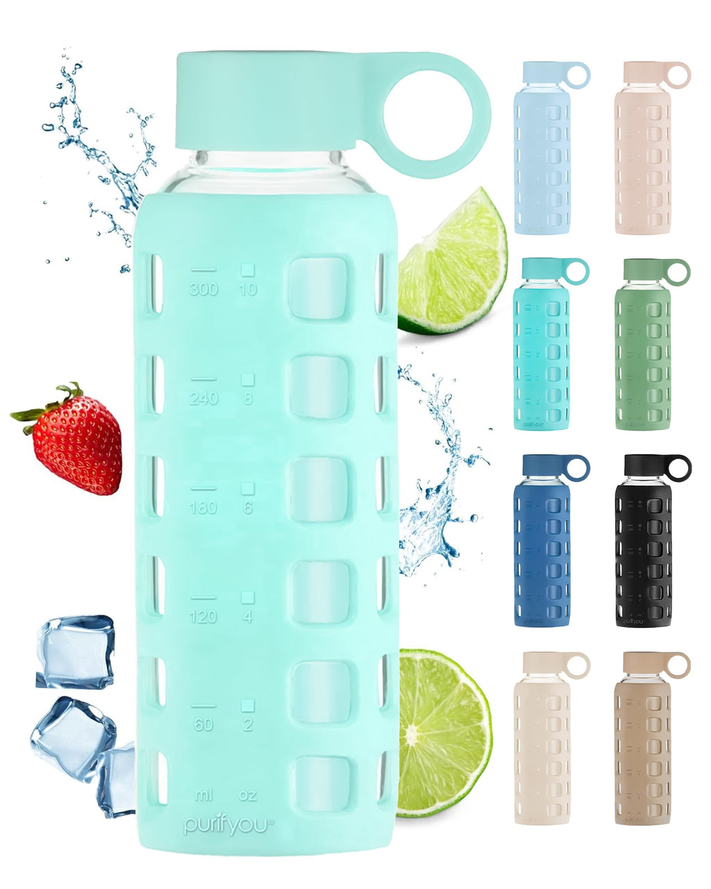 purifyou 40oz / 32oz / 22oz / 12oz Borosilicate Glass Water Bottle with Time & Volume Markers, Silicone Sleeve, Stainless Steel Lid | Reusable Glass Bottle for Water & Juice (32oz Jet Black)