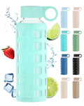 purifyou 40oz / 32oz / 22oz / 12oz Borosilicate Glass Water Bottle with Time & Volume Markers, Silicone Sleeve, Stainless Steel Lid | Reusable Glass Bottle for Water & Juice (32oz Jet Black)