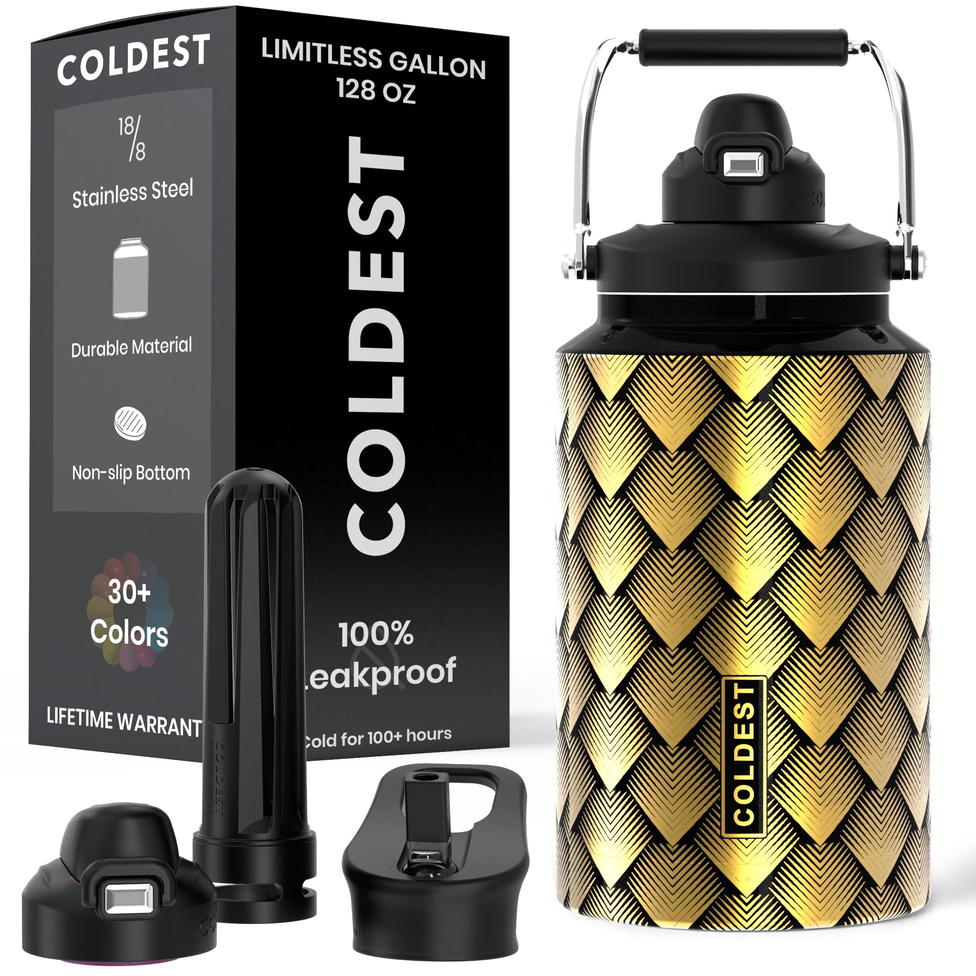 Coldest 128 oz Tumbler with Handle and Straw - 100% Spill Proof Tumbler with Straw (3 Lids) - Stainless Steel Insulated Leakproof Tumblers for Women & Men - Cup Holder Friendly - 128oz (Stealth Black)
